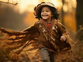 Mexikaner Kind im emotional dynamisch Pose auf Herbst Hintergrund ai generativ foto