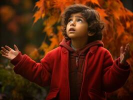 Mexikaner Kind im emotional dynamisch Pose auf Herbst Hintergrund ai generativ foto