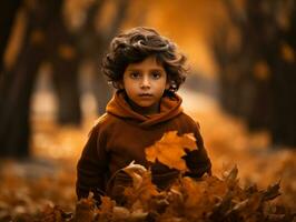 Mexikaner Kind im emotional dynamisch Pose auf Herbst Hintergrund ai generativ foto