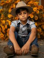 Mexikaner Kind im emotional dynamisch Pose auf Herbst Hintergrund ai generativ foto