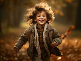 Mexikaner Kind im emotional dynamisch Pose auf Herbst Hintergrund ai generativ foto