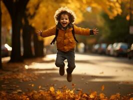 Mexikaner Kind im emotional dynamisch Pose auf Herbst Hintergrund ai generativ foto