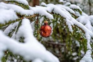 rote Weihnachtskugel auf dem schneebedeckten Tannenzweig foto