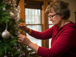 Frau dekorieren ein Weihnachten Baum mit Ornamente und Beleuchtung ai generativ foto