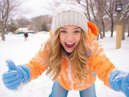 Frau genießt im das Winter Tag im emotional spielerisch Pose ai generativ foto