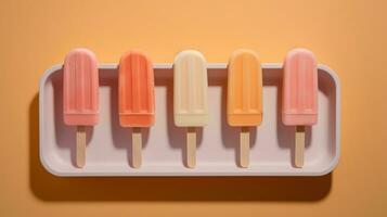 generativ ai, Obst Eis Sahne oder Sorbet auf ein Stock, hell Farbe, Sommer- Stimmung, Panorama- Aussicht foto