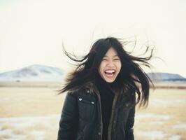 Frau genießt im das Winter Tag im emotional spielerisch Pose ai generativ foto
