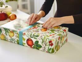 Frau Verpackung die Geschenke mit Urlaub thematisch Verpackung Papier ai generativ foto