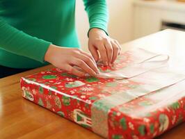 Frau Verpackung die Geschenke mit Urlaub thematisch Verpackung Papier ai generativ foto