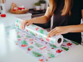 Frau Verpackung die Geschenke mit Urlaub thematisch Verpackung Papier ai generativ foto