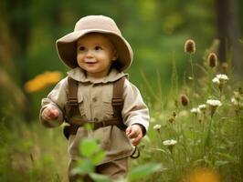 bezaubernd Baby erkunden das Natur ai generativ foto