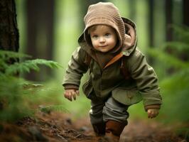 bezaubernd Baby erkunden das Natur ai generativ foto