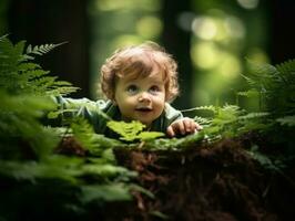 bezaubernd Baby erkunden das Natur ai generativ foto