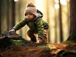 bezaubernd Baby erkunden das Natur ai generativ foto