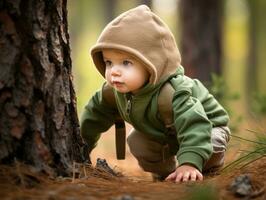 bezaubernd Baby erkunden das Natur ai generativ foto