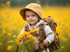 bezaubernd Baby erkunden das Natur ai generativ foto