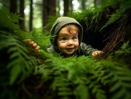 bezaubernd Baby erkunden das Natur ai generativ foto