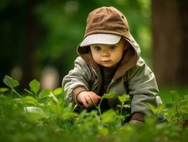 bezaubernd Baby erkunden das Natur ai generativ foto