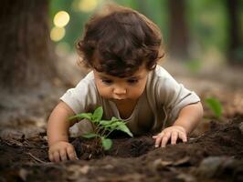 bezaubernd Baby erkunden das Natur ai generativ foto