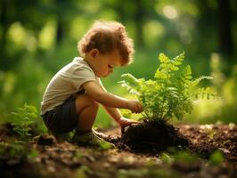 bezaubernd Baby erkunden das Natur ai generativ foto