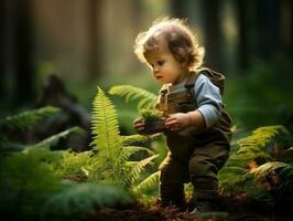 bezaubernd Baby erkunden das Natur ai generativ foto