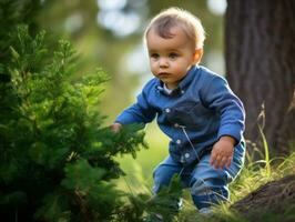 bezaubernd Baby erkunden das Natur ai generativ foto