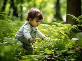 bezaubernd Baby erkunden das Natur ai generativ foto