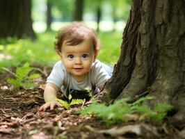 bezaubernd Baby erkunden das Natur ai generativ foto