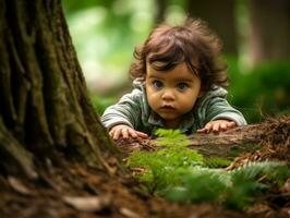 bezaubernd Baby erkunden das Natur ai generativ foto