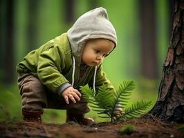 bezaubernd Baby erkunden das Natur ai generativ foto