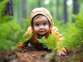 bezaubernd Baby erkunden das Natur ai generativ foto