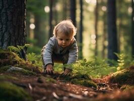 bezaubernd Baby erkunden das Natur ai generativ foto