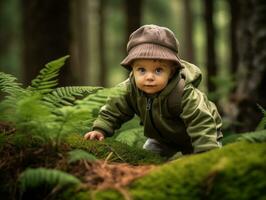 bezaubernd Baby erkunden das Natur ai generativ foto