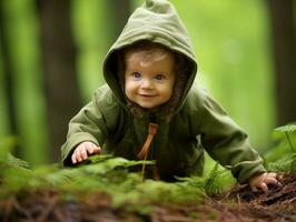 bezaubernd Baby erkunden das Natur ai generativ foto