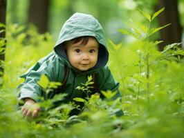 bezaubernd Baby erkunden das Natur ai generativ foto