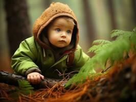 bezaubernd Baby erkunden das Natur ai generativ foto