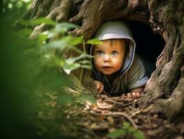 bezaubernd Baby erkunden das Natur ai generativ foto