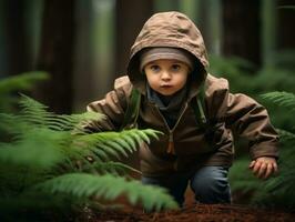 bezaubernd Baby erkunden das Natur ai generativ foto