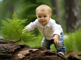 bezaubernd Baby erkunden das Natur ai generativ foto