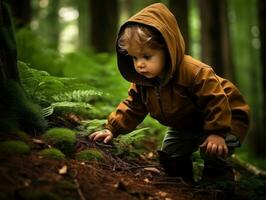 bezaubernd Baby erkunden das Natur ai generativ foto