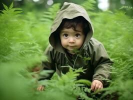 bezaubernd Baby erkunden das Natur ai generativ foto