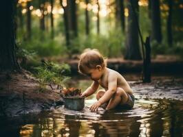 bezaubernd Baby erkunden das Natur ai generativ foto