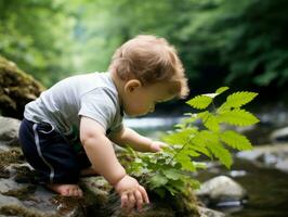 bezaubernd Baby erkunden das Natur ai generativ foto