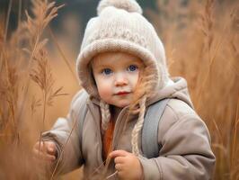 bezaubernd Baby erkunden das Natur ai generativ foto