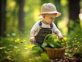 bezaubernd Baby erkunden das Natur ai generativ foto