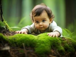 bezaubernd Baby erkunden das Natur ai generativ foto