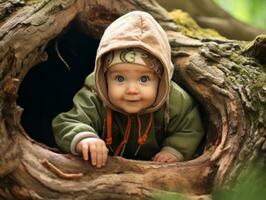 bezaubernd Baby erkunden das Natur ai generativ foto