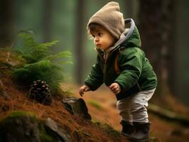 bezaubernd Baby erkunden das Natur ai generativ foto