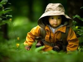 bezaubernd Baby erkunden das Natur ai generativ foto