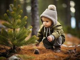 bezaubernd Baby erkunden das Natur ai generativ foto